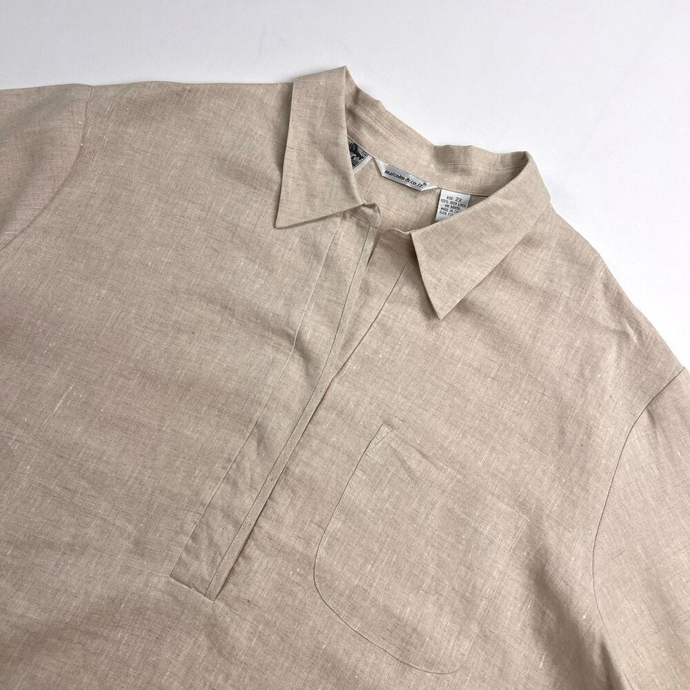 Malcolm & Co. Irish Linen Blouse Flax Wheat 3/4 Sleeve V-Neck Collared Size 2X